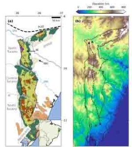 Figura 1. (a) Mapa geológico do rifte intracontinental Recôncavo-Tucano-Jatobá (b) mapa topográfico da região, utilizando dados do modelo digital de elevação ETOPO 2022 (MacFerrin et al., 2022),baiadori et.al.2024