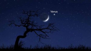 No anoitecer de 18/05, a Lua e Vênus formarão uma das cenas mais bonitas do céu. O fenômeno poderá ser visto a olho nu em todo o Brasil, logo após o pôr do sol, na direção Oeste. (Divulgação)