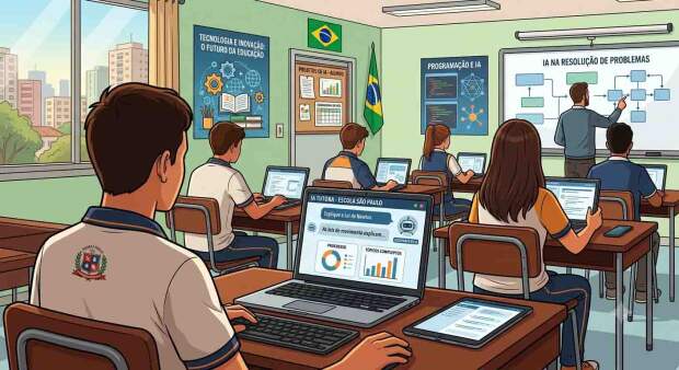 Com a rápida expansão da Inteligência Artificial nas salas de aula, especialistas alertam que o desafio deixou de ser ensinar respostas e passou a ser formar alunos capazes de questionar, interpretar e pensar por conta própria. (IA-nas-escolas / Divulgação)