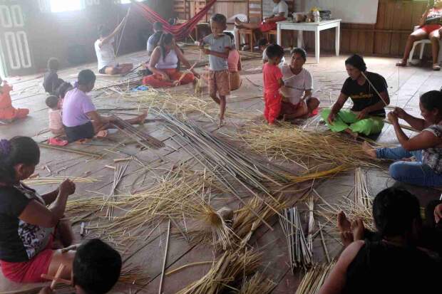 Encontros entre jovens e anciãs promovem a transmissão dos saberes ancestrais da cestaria tradicional e fortalecem a autonomia das mulheres no rio Tapauá. (Mulheres Paumari reunidas durante os encontros de produção do artesanato. (Fotos: Talita Oliveira/OPAN).