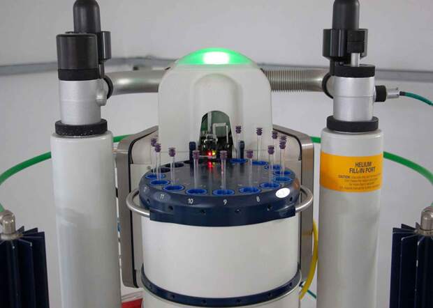 •A combinação de técnicas de ressonância magnética nuclear e metabolômica permitiu identificar biomarcadores químicos capazes de diferenciar tainhas capturadas em três localidades distintas do País. Foto: Pedro Coppi / Aparelho de RMN)
