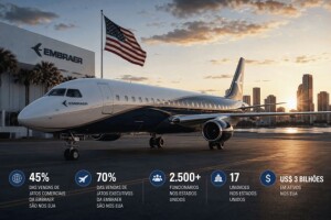 Com 17 unidades, mais de 2.500 funcionários e US$ 3 bilhões em ativos nos EUA, a Embraer reforça um mercado que amplia oportunidades para profissionais qualificados brasileiros. (Imagem: IA / divulgação)