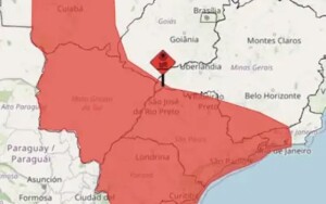 Previsão do Instituto Nacional de Meteorologia (Inmet) mostra que a primeira onda de calor da primavera de 2026 deve atingir áreas do Centro-Oeste, Sudeste e Sul, a partir deste sábado (26). Área sob aviso vermelho para onda de calor entre sábado (26) e quarta-feira (30). (Imagem: Inmet/Reprodução)